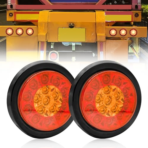Biqing 2PCS 4 LED Feu Arrière de Remorque,Rond Feux arrières à 24V Camion Remorque Bateau Arrière Feu Arrière Frein Feu de Brouillard Inversé avec Anneau Chromé (Noir-Rouge&Jaune)