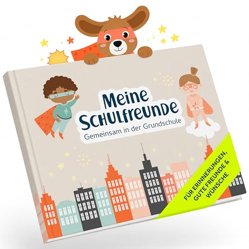 Amari ® Mein Grundschule Freundebuch (Superhelden) – Erinnerungsbuch mit bunten Seiten zum Ausfüllen – Freundebuch für Kinder – Geschenk zur Einschulung.