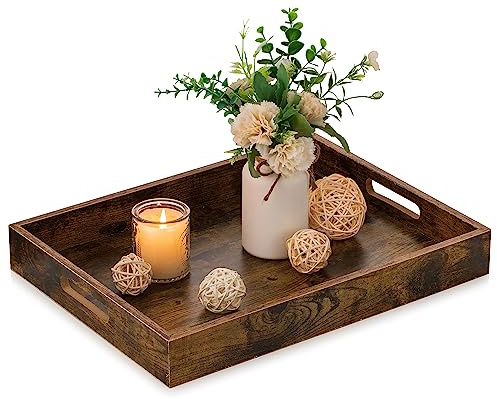 Hanobe Serviertablett Holztablett Deko Tablett: Braun Dekotablett Rechteckig Retro Vintage Serviertabletts mit Griff für Küche Couchtisch, 40x30cm | Rustikales braunes dekoratives Tablett mit Griffen für Tafelaufsatz, Esstisch und Arbeitsplatte, 40 x 30 cm
