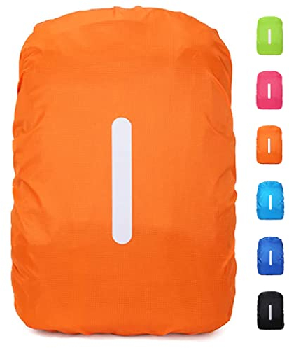 DONJIM 1 Pack Reflective Backpack Cover, Waterproof Backpack Rain Cover, Reflective Rucksack Covers in Polyester, Waterproof Rucksack Cover for Outdoor Hiking Riding Climbing, Orange-S(18-25L)