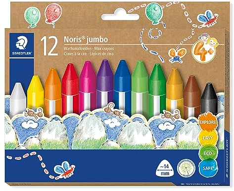 STAEDTLER 228 14 C12 Noris Jumbo Wax Crayons - 14mm Line Width, Assorted Colours (Pack of 12)