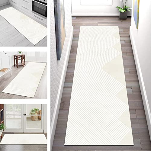 Teppich Läufer Lang Flur Küche rutschfest waschbar Teppichmatten Weiß Beige Küchenläufer Teppich 40X180CM Modern Eingangstürmatte Polyester Teppichläufer Schlafzimmer Meterware Wohnzimmer Flurläufer