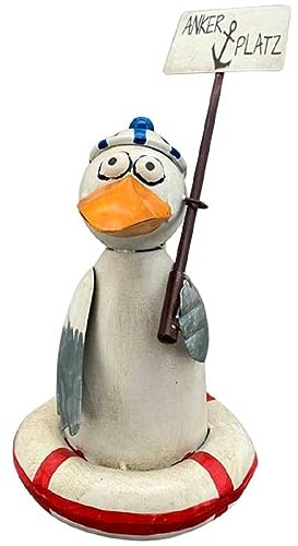 ETC lustiger Zaunhocker Möwe mit Mütze im Schwimmring Metall bemalt Verschiedene Motive zur Auswahl als Maritime Deko (weiß mit Schild ANKERPLATZ)