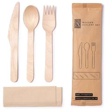 Wooden Disposable Cutlery Sets | 16cm Knife, Fork, Spoon & Tissue Set | Individually Wrapped | 16cm | Picnic Party or Wedding Cutlery | Eco Friendly Biodegradable Compostable (20)