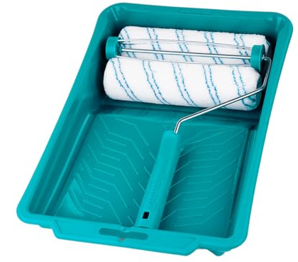 TOTAL - Set de Pintura con 2 Rodillos de Poliéster + Bandeja + Portarrodillos Ergonómico - Rodillos Polyester 230 mm con Bandeja 435 x 300 mm - Para Pintura en Interiores y Decoración de Paredes