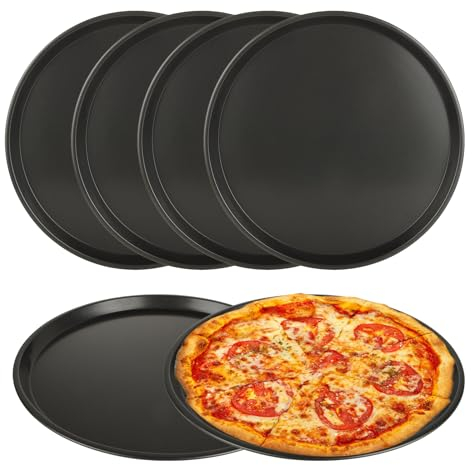 AKOLAFE 12-Inch Non-Stick Pizza Pan & Baking Tray Set - 6-Pack 32cm Round Oven Trays, Black, Dishwasher Safe
