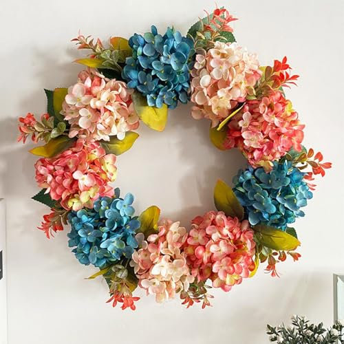 BFYDOAA Corona de Hortensias de 15.0 In para Puerta de Entrada, Primavera, Verano, Coloridas Flores de Hortensias, Corona de Vid para Granja, Hogar, Todas Las Estaciones(Hortensia)