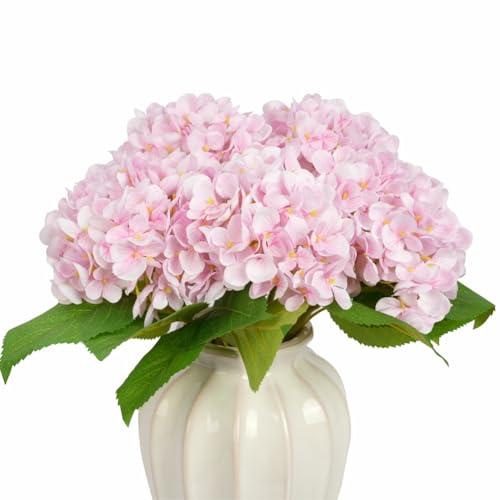 IPLNTS 5 Pcs Hydrangea Artificial Flowers, Faux Silk Hydrangea Flores with Stems, Fake Flowers for Valentine Wedding Bouquet Kitchen Home Office Party Tables Vase Outdoor Decor (Pink, 18.5 Inches)