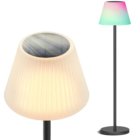 Amdelne Lampadaire Solaire Extérieur, Lampe de Pied Sans Fil USB Rechargeable 4000mAh, Télécommande Dimmable 3000K+RGB avec Capteur, IP65 H147cm, Décoration Jardin Terrasse Patio Balcon
