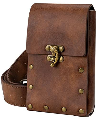 Medeltida midjeväska i läder, steampunk-axelremsväska, medeltida tryckt | midjeväska, vintage mobiltelefonväska, plånbok för vandring, camping, motorcykel, sport, Brun, Unisex, Se beskrivningen