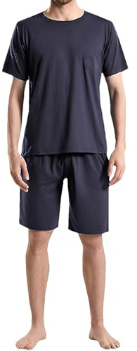 Jamron Uomo Taglie Forti Pigiama Corto Estivo Abbigliamento da Notte Maglietta a Maniche Corte e Pantaloncini con Tasche Blu Navy 5XL
