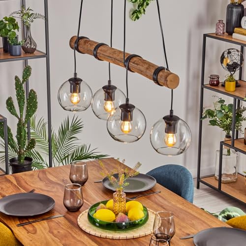 HOFSTEIN Pendelleuchte Koyoto, 3-flammige Hängelampe aus Metall/Holz/Glas in Schwarz/Natur/Klar, Hängeleuchte im Boho-Design mit Glasschirmen, Holzbalken, max 150cm, E27, Esszimmer, Wohnzimmer, Küche