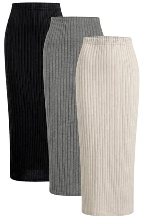 SOLY HUX Juego de 3 faldas de punto para mujer, falda larga, falda lápiz, falda bodycon falda otoñal, falda casual, Negro multicolor., XL