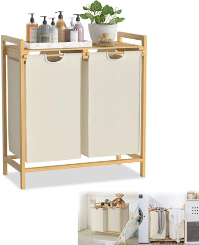 YRHome Wäschekorb Bambusrahmen 2 Fächer 36L 73 x 64 x 33,5cm Wäschesammler mit Ablage Wäschesack Wäschebox aus Oxford-Gewebe Wäschesortierer Holz Wäschesäcken für Waschküche Schlafzimmer - Beige