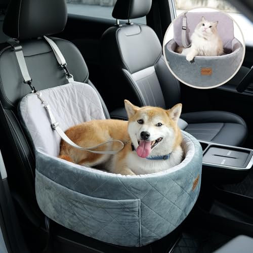 Hunde Autositz, Hundeautositz für kleine/mittlere Hunde & Katzen, Abnehmbarer & Waschbarer Hundesitz Auto Rückbank mit Dicker Polsterung, Leine & Aufbewahrungstaschen, Memory Schaum Dog Car Seat, Grau