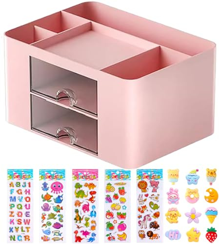Lostwry Schreibtisch Organizer mit Schubladen, Multifunktionaler Platzsparendes Desk Organizer Stifthalter Tisch Organizer für Schreibtisch mit 5 Fächern für Büro, Zuhause, Schule (Rosa)
