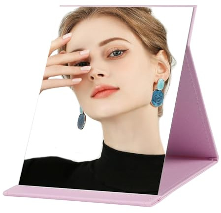 Shunshi Tragbarer Klappspiegel, 16,5 x 12 cm, Reise-Make-up-Spiegel mit verstellbarem Ständer, Schreibtisch, faltbarer Kosmetikspiegel aus PU-Leder, Tischspiegel für Reisen, Camping (Rosa)