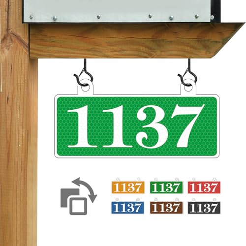 Hanging Reflective 911 Address Sign - Custom Address Plaque,House Number Sign,House Numbers for Outside,Mailbox,Lamp Post,Light Post,Metal Double Sided with Hooks 10'' x 4.7''