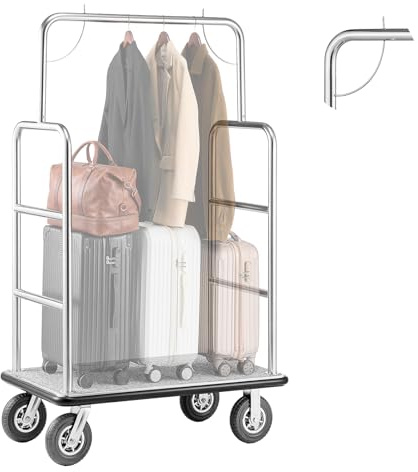 VEVOR Carro de Equipaje para Hotel, Acabado en Acero Inoxidable Cepillado, Carga de 544 kg, Carrito de Botones con Plataforma Alfombrada Gris y Ruedas de Goma, para Hoteles, Condominios, Plateado