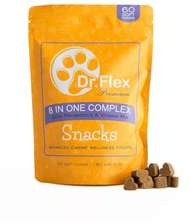 Dr. Flex 8in1 Multivitamin Komplex för Hundar – 60 Tuggtabletter med Probiotika, Vitamin C & E, Laxolja, MSM & Kondroitin – För Immunförsvar, Matsmältning & Ledhälsa