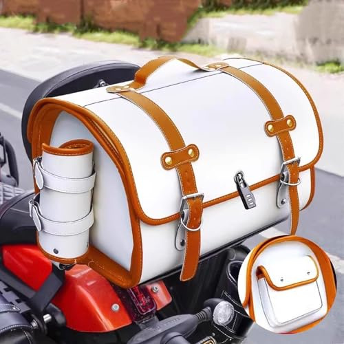 ELNas 33L Motorrad Hecktasche für QJmotor SRK600 2020-2024, wasserdichte Leder Gepäcktasche mit Zahlenschloss Retro Motorrad Topcase, Zubehör Reisen,D White+Brown