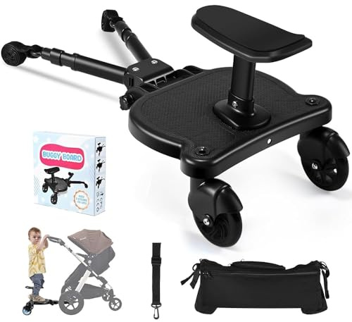JoyCushy Buggy Board, Universal Buggy Board with Seat, Kiddy Board with Pram Organiser Bag, Pram Standing Board, Fit 99% of Prams, for Children from 2-6 Years Up to 25kg