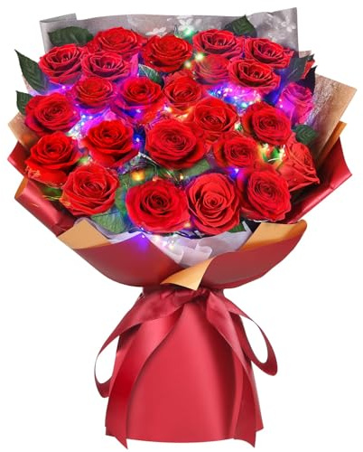 ADDWel Ewiger Rosenstrauß mit 24 echten konservierten roten Rosen, Infinity Rosen mit LED-Lichterkette, Geschenke für Frauen, Geschenk für Freundin Mama Ehefrau zum Geburtstag, Jahrestag Weihnachten