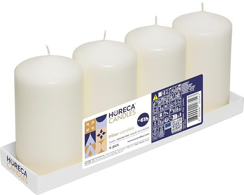 Horeca Candles - Pillar Candles - Ivory - Set of 4 Decorative Candles - Ø 8 x 15 cm (3.15 x 5.90 inches) - 60 Hours Long Burning - Unscented - Dripless - Smokeless - RAL Quality