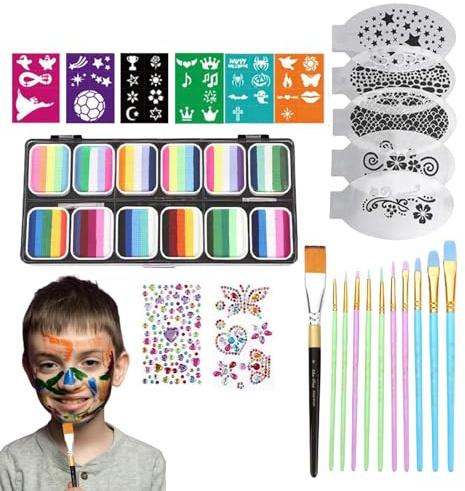 Kit de Maquillage Artistique | Kit de Maquillage Visage avec Pochoirs | Palette 12 Cases Cosmétiques Lavables Pinceaux et Accessoires pour Halloween Anniversaire Théâtre Carnaval