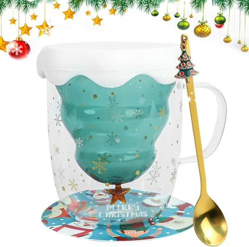 ROTKUSZ Tasse de Noël en verre, tasse à café à double paroi en forme de sapin de Noël, tasse de Noël avec couvercle, verres isothermes à double paroi, tasse à lait en verre pour Noël, cadeau