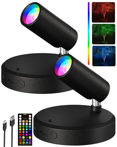 EZVALO RGB Spotlights Indoor with Remote, 5500mAh Rechargeable Picture Lights, DIY Mode & 83 Color Changing Uplighting, Wireless Mini Accent Lighting for Plant Painting, Artwork (2Pack-Black)