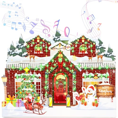 Christmas Card with Lights and Music,3D Pop Up Christmas Greeting Card with Envelopes,Plays 3 Melody with Matching Flashing Lights