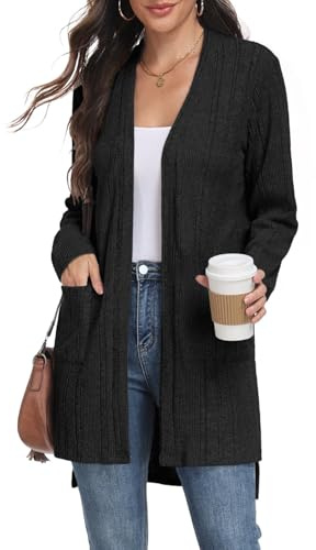 PrinStory Womens Cardigan Long Sleeve Open Front Cardigans Loose Casual Knitwear Ribbed Knit Outerwear with Pocket (Black, M)