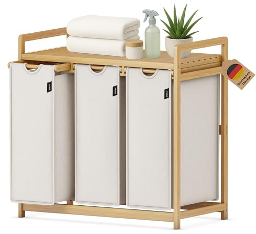 XMHome Panier à linge 3 compartiments 148L grand panier à linge carré en bambou Boîte à linge visuellement attrayant trieur de linge en 77,5X41,3X77,5 CM Gris