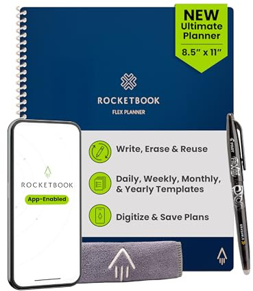 Rocketbook Flex Planner, Reusable Undated Smart, Letter Size 8.5x11 in Navy Blue – Daily, Weekly, Monthly, Annual Calendar, Tasks, Goals, Scheduling, Productivity, App Connected, Erasable, Durable