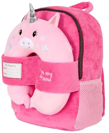 PERLETTI Sac à Dos Enfant avec Oreiller de Voyage en Mousse à Memoire - Cartable Fille Garçon 3 4 5 6 Ans avec Coussin Souple Confortable - Sac a Dos Maternelle Avion Voiture 31x24x11 cm (Licorne)
