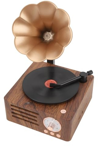 TOPINCN Kompakter Vintage-Plattenspieler-Lautsprecher, Multifunktional mit Kupferhorn für Schlafzimmer, Wohnzimmer, Retro-Grammophon-Lautsprecher