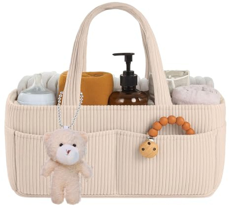 HOVCEH Skötväska arrangör, bärbar skötkorg med fack och handtag, stor lindningsarrangör, blöja Caddy med nallebjörn, resor skötarrangör för baby bil lindningspåsar