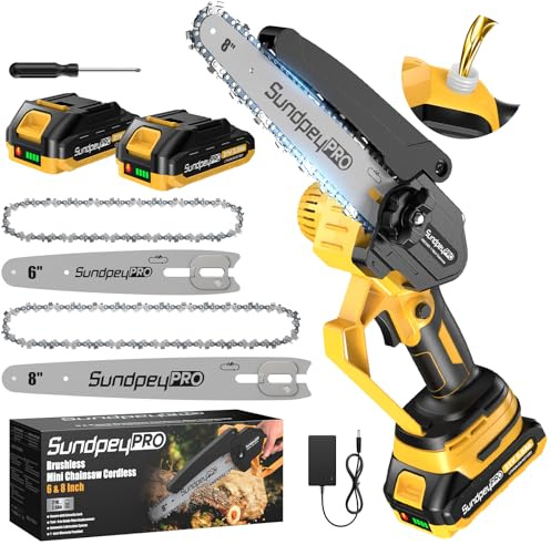 SundpeyPRO Mini Motosega a Batteria 8/6 Pollici - Brushless Sega Elettrica per Potatura con 2*2.0Ah Batterie, Olio Automatico, Tensione Catena Senza Attrezzi, 900W, 21V Mini Sega per Taglio di Legno