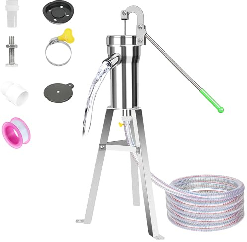 Manuell vattenpump, manuell brunnspump i rostfritt stål, 360° svängbar brunnspump med 58 cm hög fäste och 5 meter lång slang för hem, gård, trädgårdar