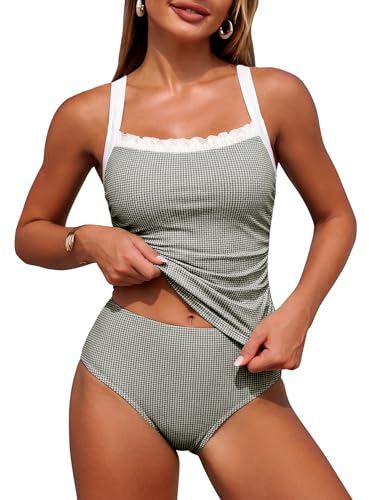 ZAFUL Women Swimwear Tankini Swimsuit Two Piece Bathing Suits Ruched Tummy Control Swimsuit Tankini Top with High Waisted Bottom Black Gingham L