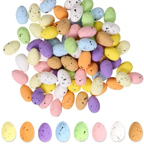 50 piezas de mini huevos de espuma manchados para Pascua de Eymobad – Huevos de pájaros falsos multicolores (4x3 cm), mercancía en masa para fiesta de Pascua, rellenos para cesta y decoración de mesa