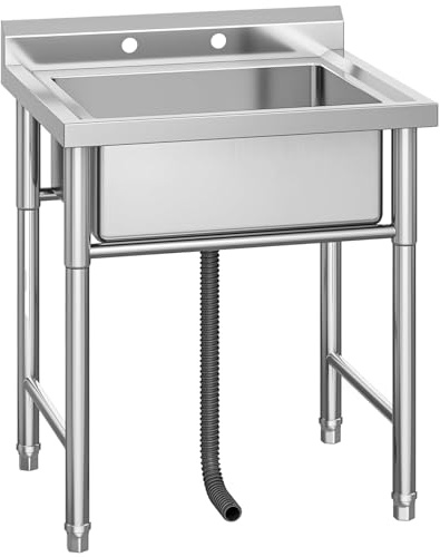 Aptliton Commercial Kitchen Sink with Tap, Stainless Steel Single Bowl Catering Sink Unit with Drainer, Heavy Duty Free Standing Utility Wash Station for Garage Laundry