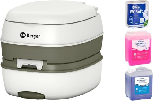 BERGER Mobile Campingtoilette Bio Deluxe 17L Starter Set | Platzsparend & Leicht zu Reinigen | Mit Abnehmbarem Abwassertank | Alles, was Sie für den Start benötigen