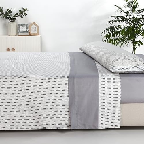Sábanas 90x190 - Juego de Sábanas 3 Piezas - 100% Microfibra Suave y Transpirable - Sábana Bajera Ajustable, Encimera y Funda Almohada - Ropa de Cama Estampada (Point Gris)