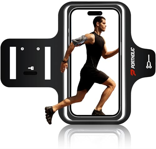 PORTHOLIC 2025 Bracciale da Corsa Anti-Sudore con Portatelefono, Cinturino Estensibile e Portacarte per telefoni fino a 6,9 pollici. Per iPhone 17/16/15/14/13 Plus Air Pro Max XR/XS, Galaxy S25/24/S10