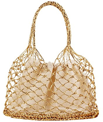 YOUJIAA Damen Schicke Gewebte Beuteltasche Shopper Casual Kordelzug Tote Elegante Handtasche für Strand (Gold, 28x35cm)
