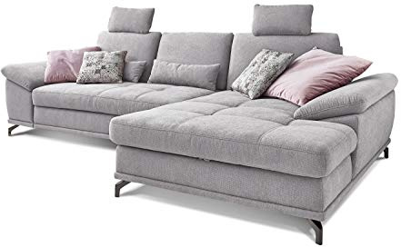 Cavadore Ecksofa Castiel mit Federkern / Großes Sofa in L-Form mit Sitztiefenverstellung, Kopfstützen und XL-Longchair / 312 x 114 x 173 / Webstoff, Hellgrau