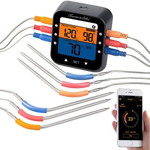 Rosenstein & Söhne Backthermometer: Profi-Grillthermometer mit Bluetooth und App, Farb-Display, 6 Fühler (Thermometer Bluetooth, Digitale Thermometer, mehrere Temperatursensoren)