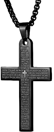 LeapoFaith Pendant Cross for Car Rear View Mirror Necklace for Men Charm Car Mirror Hanging Accessories Ornament Stainless Steel Lord's Prayer Cross Necklace With Bible Verse (Black)